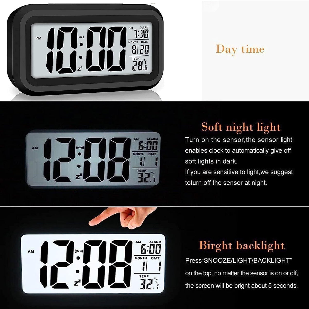 AERYS Digital Alarm Clock with 1 Year Warranty, Night Sensor, Date and Temperature Display, Desk Table Clock for Students, Home, Office, Bedroom, Living Room,Home Decor, Corporate Use (Black Digital)
