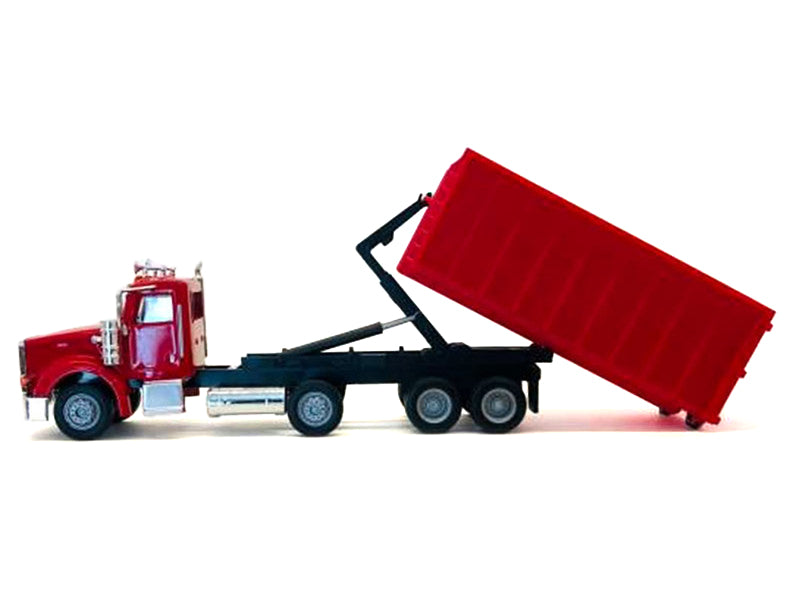 Peterbilt 367 Roll-Off Dump Truck Red with Red Box 1/87 (HO) Plastic Model Car by Promotex