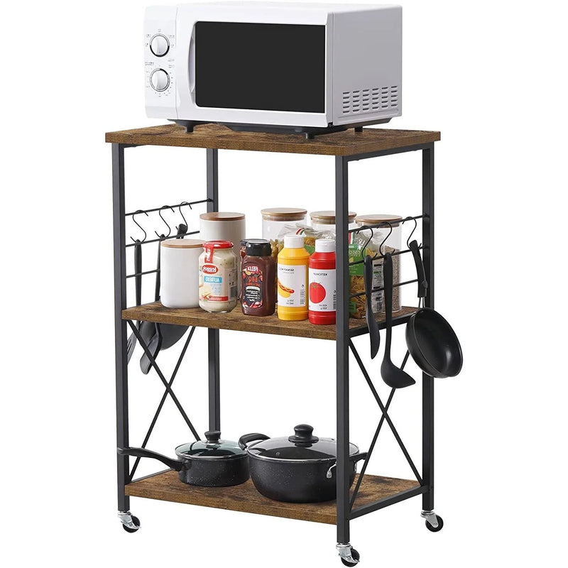 Black Metal Rustic Brown Wood 3-Shelf Kitchen Bakers Rack Microwave Cart