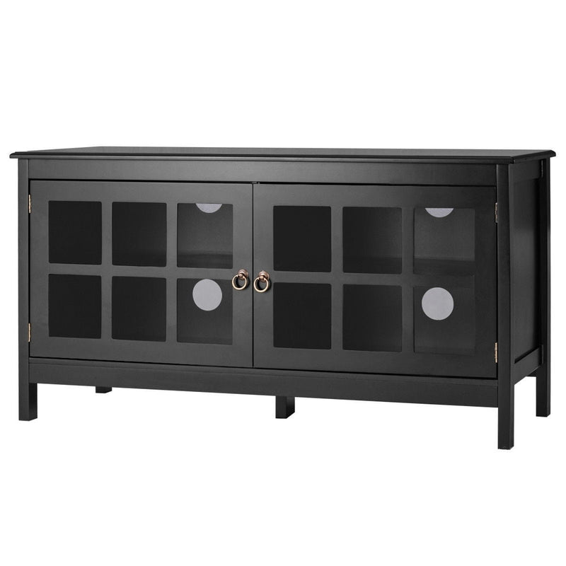 Black Wood Entertainment Center TV Stand with Glass Panel Doors