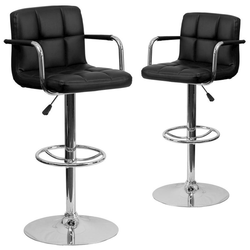 2 Pk. Black Quilted Vinyl Adjustable Height Barstool with Arms and Chrome Base