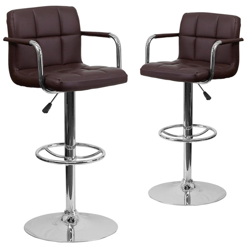 2 Pk. Brown Quilted Vinyl Adjustable Height Barstool with Arms and Chrome Base