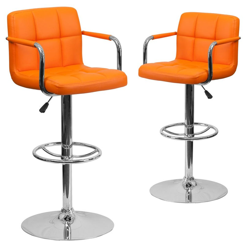 2 Pk. Orange Quilted Vinyl Adjustable Height Barstool with Arms and Chrome Base