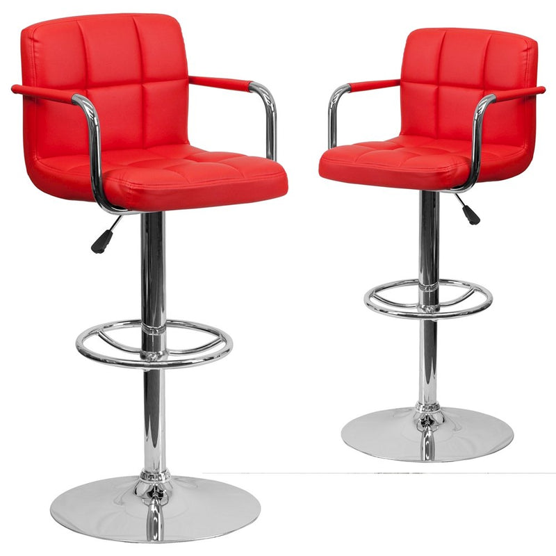 2 Pk. Red Quilted Vinyl Adjustable Height Barstool with Arms and Chrome Base