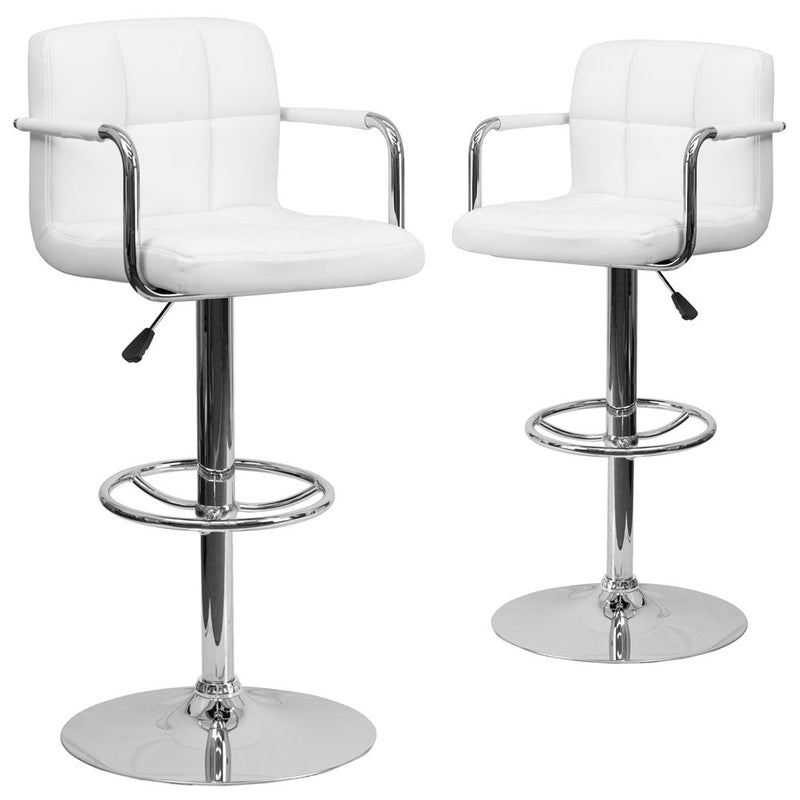 2 Pk. White Quilted Vinyl Adjustable Height Barstool with Arms and Chrome Base