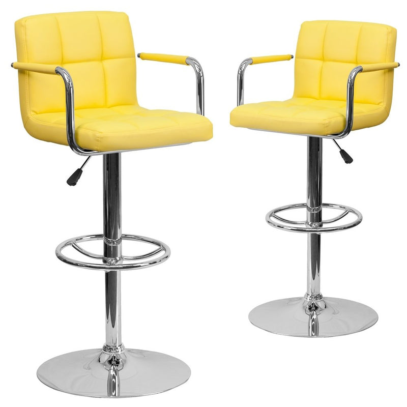 2 Pk. Yellow Quilted Vinyl Adjustable Height Barstool with Arms and Chrome Base