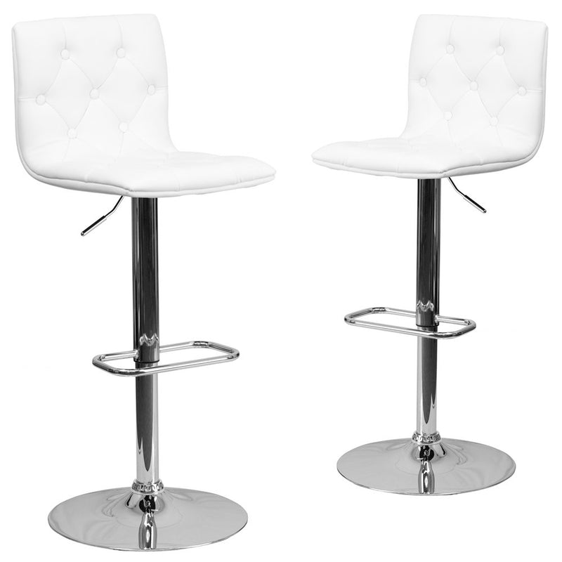 2 Pk. Tufted White Vinyl Adjustable Height Barstool with Chrome Base