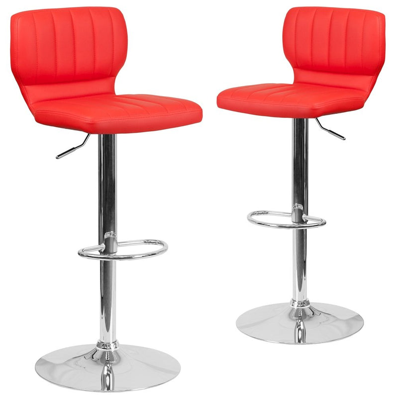 2 Pk. Contemporary Red Vinyl Adjustable Height Barstool with Chrome Base