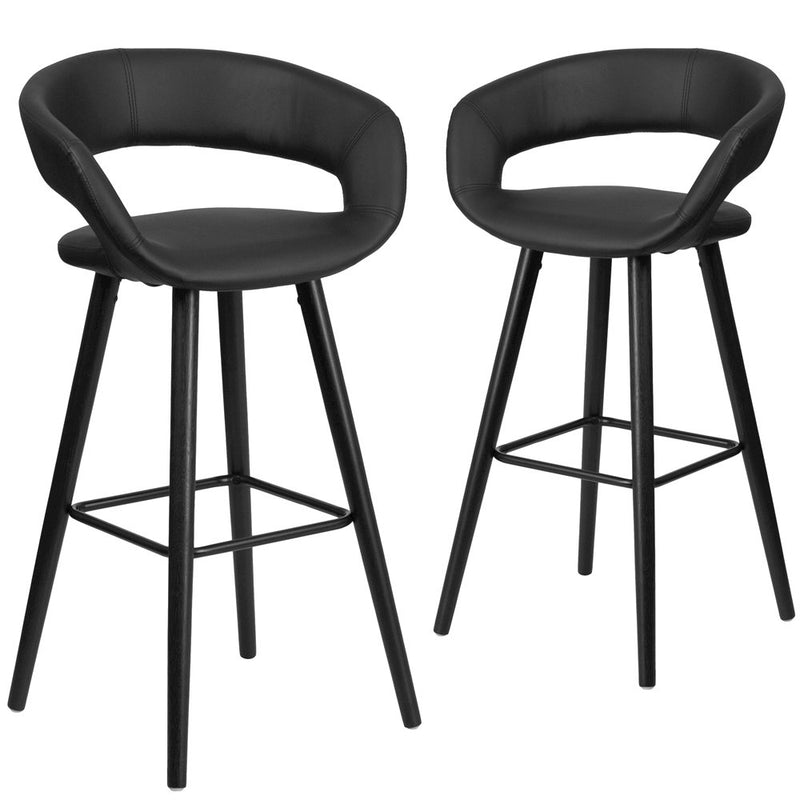 2 Pk. Brynn Series 29'' High Black Vinyl Barstool with Cappuccino Wood Frame