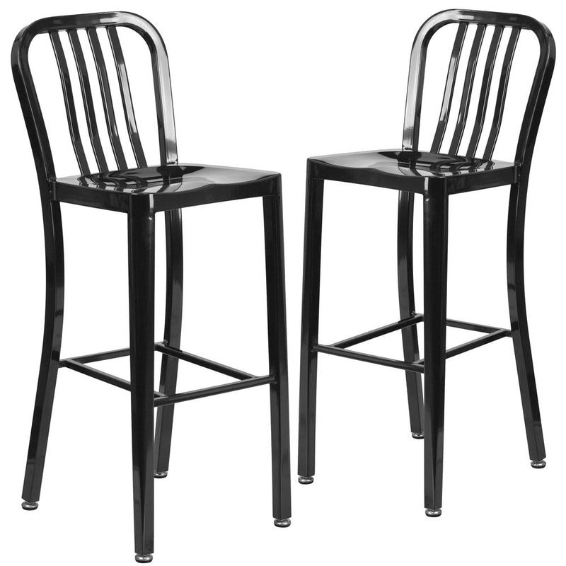 2 Pk. 30'' High Black Metal Indoor-Outdoor Barstool with Vertical Slat Back