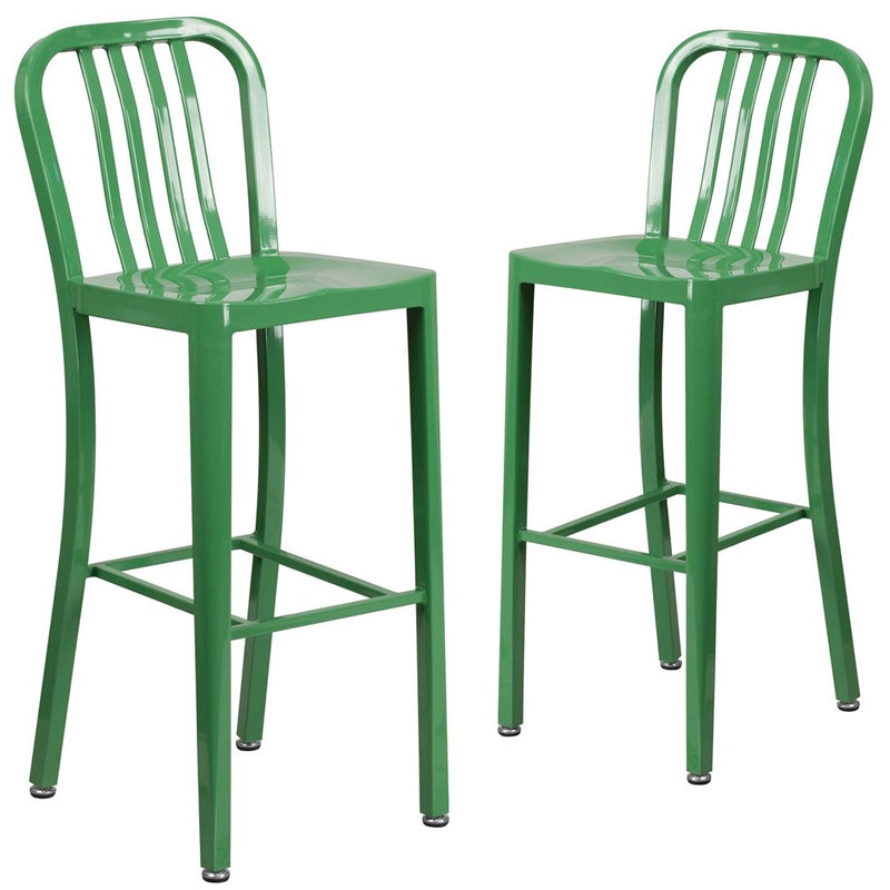 2 Pk. 30'' High Green Metal Indoor-Outdoor Barstool with Vertical Slat Back