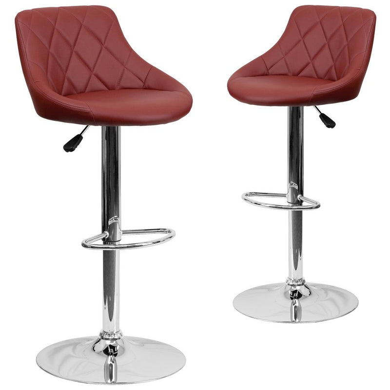 2 Pk. Burgundy Vinyl Bucket Seat Adjustable Height Barstool with Chrome Base