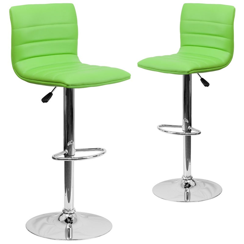 2 Pk. Contemporary Green Vinyl Adjustable Height Barstool with Chrome Base