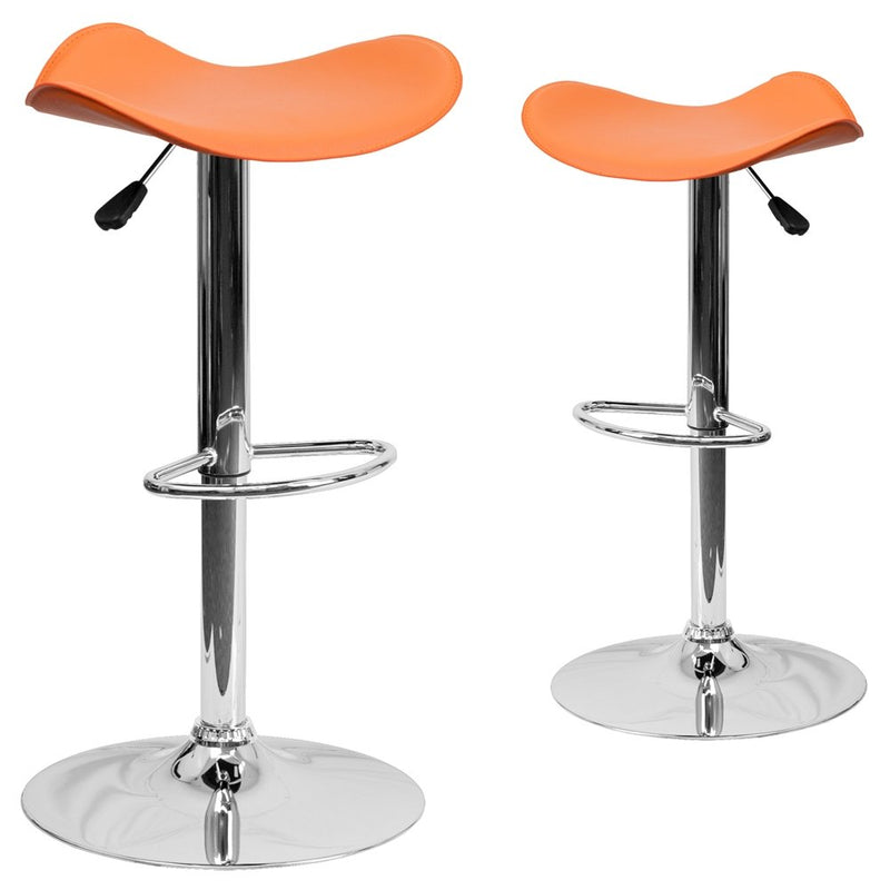 2 Pk. Contemporary Orange Vinyl Adjustable Height Barstool with Chrome Base