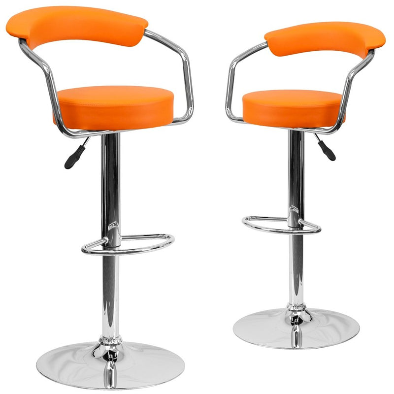 2 Pk. Orange Vinyl Adjustable Height Barstool with Arms and Chrome Base