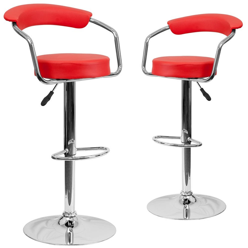 2 Pk. Red Vinyl Adjustable Height Barstool with Arms and Chrome Base