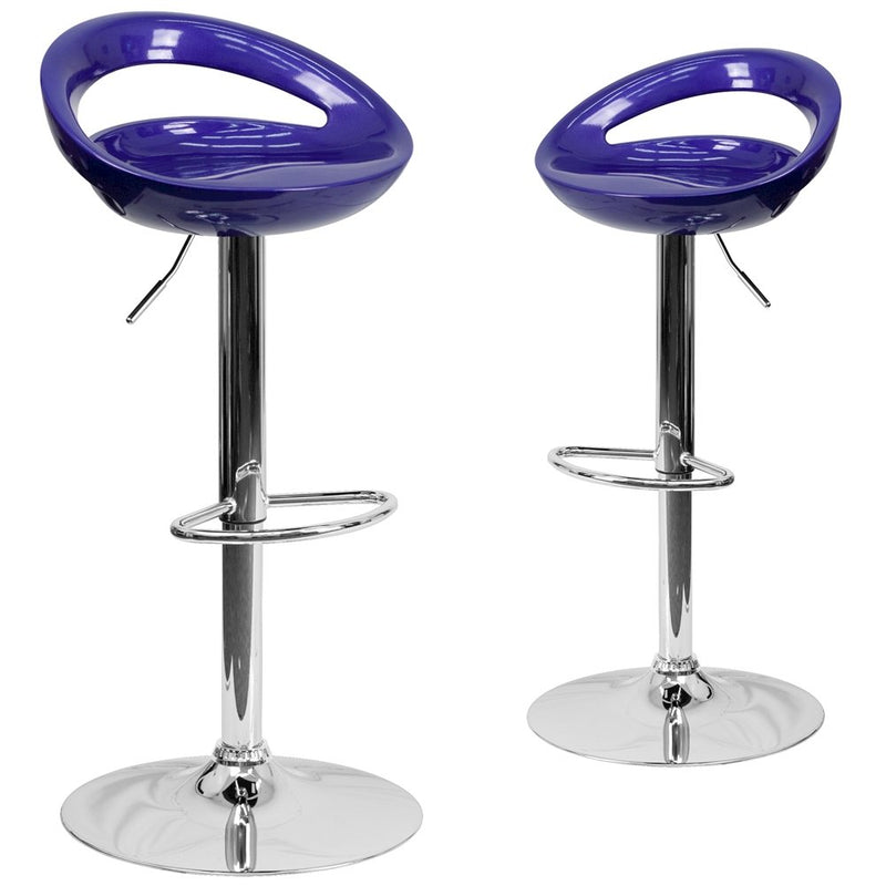 2 Pk. Contemporary Blue Plastic Adjustable Height Barstool with Chrome Base