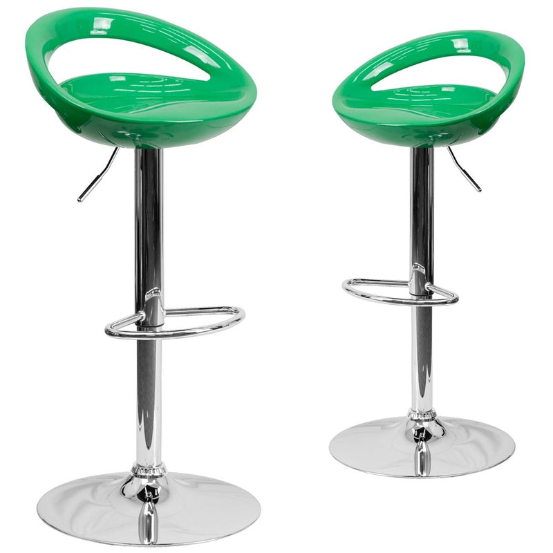 2 Pk. Contemporary Green Plastic Adjustable Height Barstool with Chrome Base