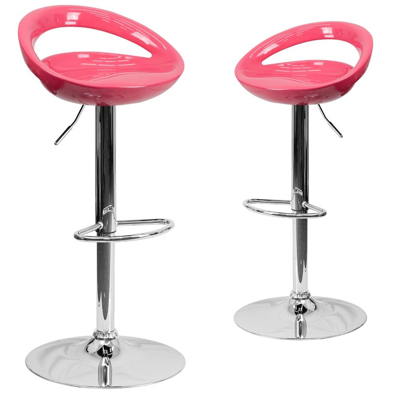 2 Pk. Contemporary Pink Plastic Adjustable Height Barstool with Chrome Base