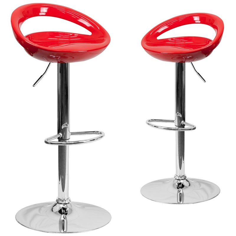 2 Pk. Contemporary Red Plastic Adjustable Height Barstool with Chrome Base