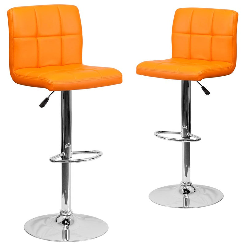 2 Pk. Orange Quilted Vinyl Adjustable Height Barstool with Chrome Base