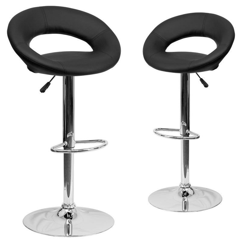 2 Pk. Black Vinyl Rounded Back Adjustable Height Barstool with Chrome Base