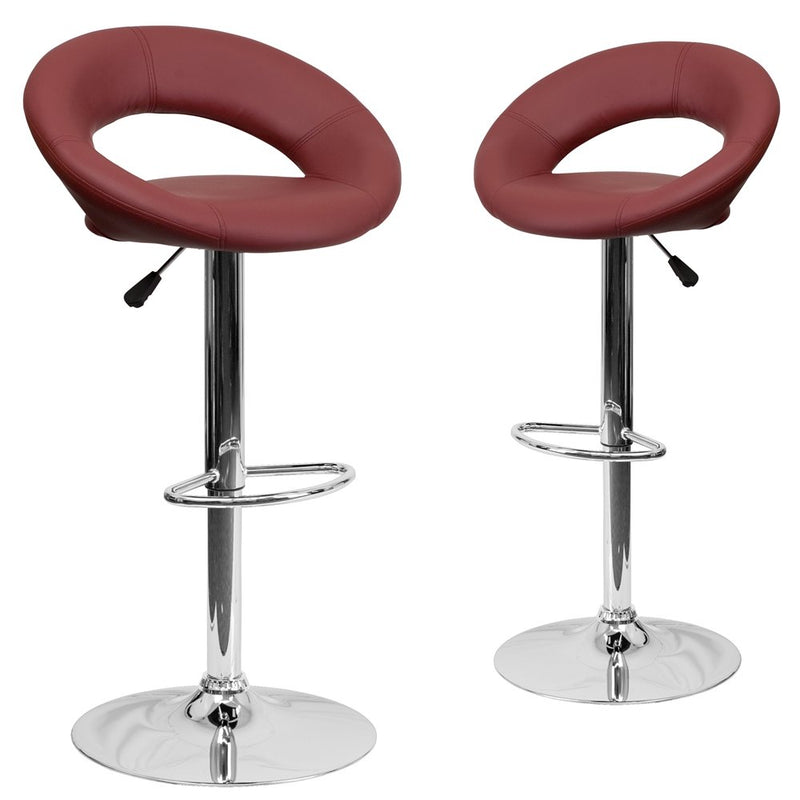 2 Pk. Burgundy Vinyl Rounded Back Adjustable Height Barstool with Chrome Base