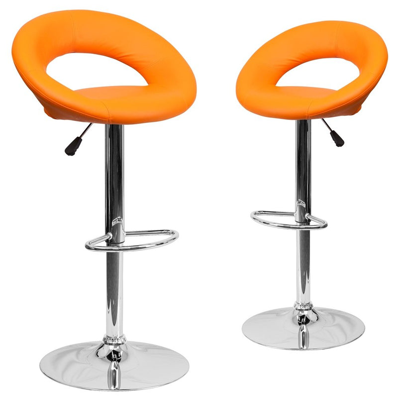 2 Pk. Orange Vinyl Rounded Back Adjustable Height Barstool with Chrome Base