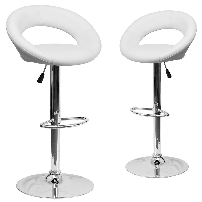 2 Pk. White Vinyl Rounded Back Adjustable Height Barstool with Chrome Base