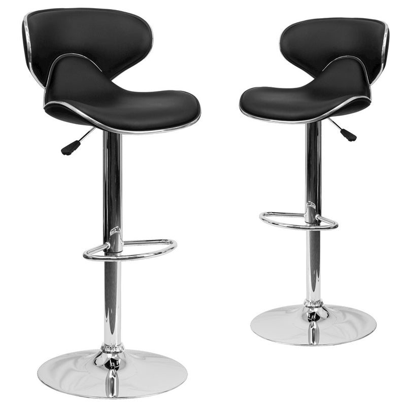 2 Pk. Cozy Mid-Back Black Vinyl Adjustable Height Barstool with Chrome Base