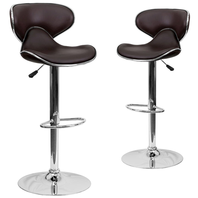 2 Pk. Cozy Mid-Back Brown Vinyl Adjustable Height Barstool with Chrome Base