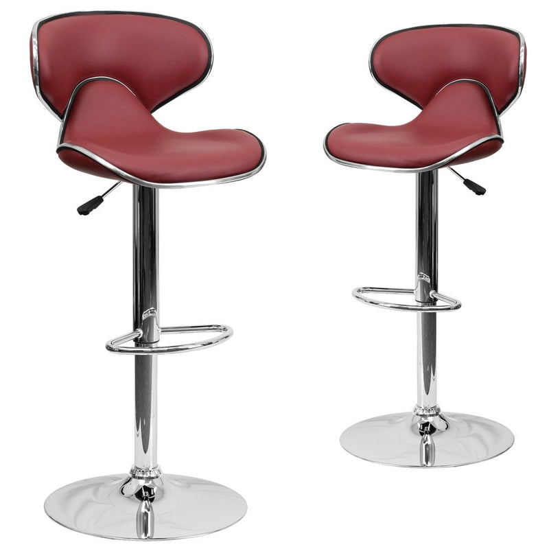 2 Pk. Cozy Mid-Back Burgundy Vinyl Adjustable Height Barstool with Chrome Base