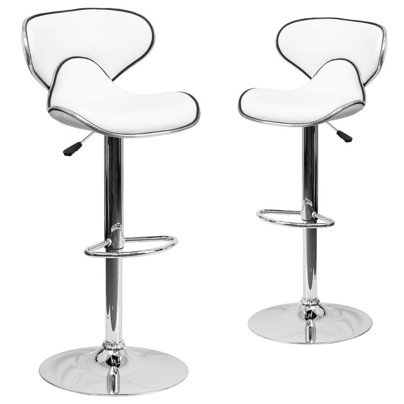 2 Pk. Cozy Mid-Back White Vinyl Adjustable Height Barstool with Chrome Base