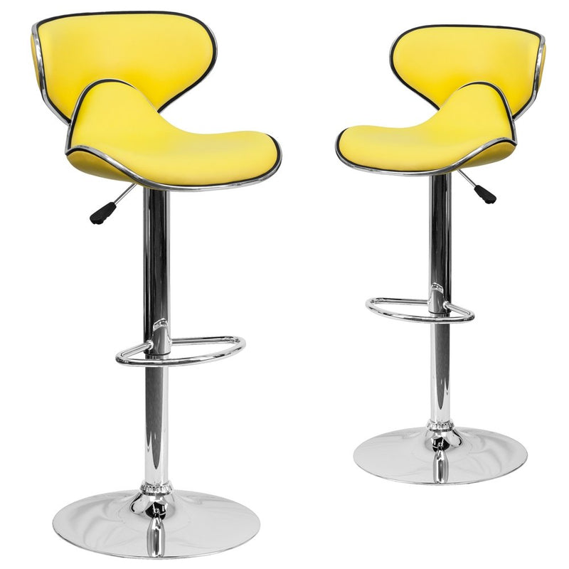 2 Pk. Cozy Mid-Back Yellow Vinyl Adjustable Height Barstool with Chrome Base