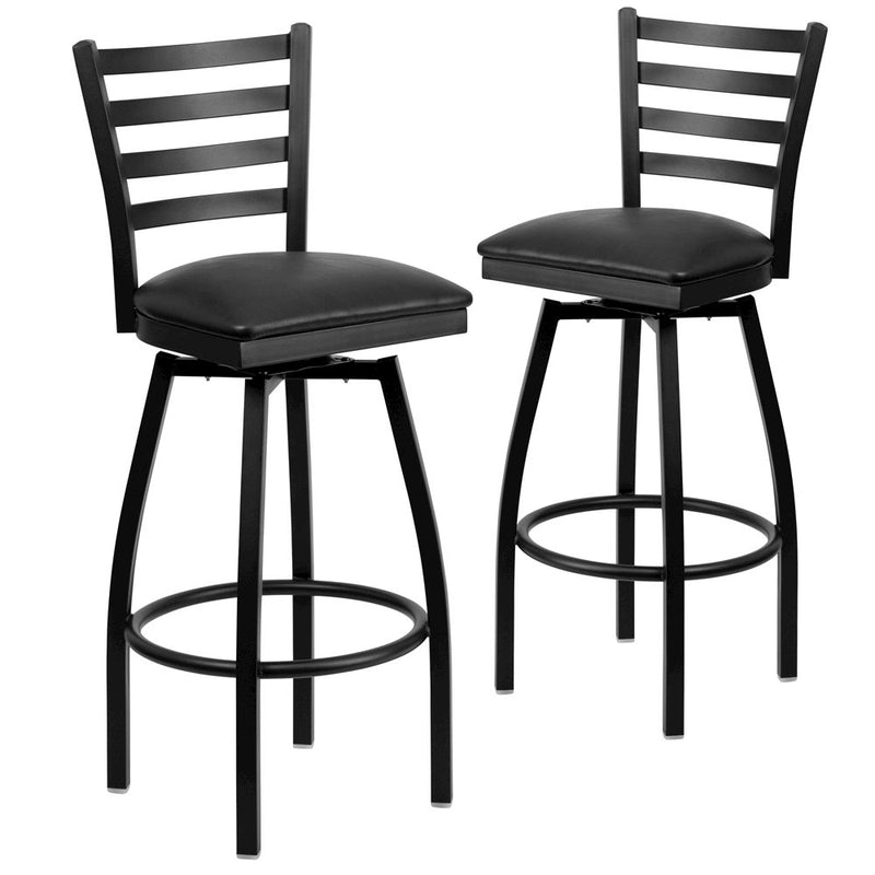 2 Pk. HERCULES Series Black Ladder Back Swivel Metal Barstool - Black Vinyl Seat