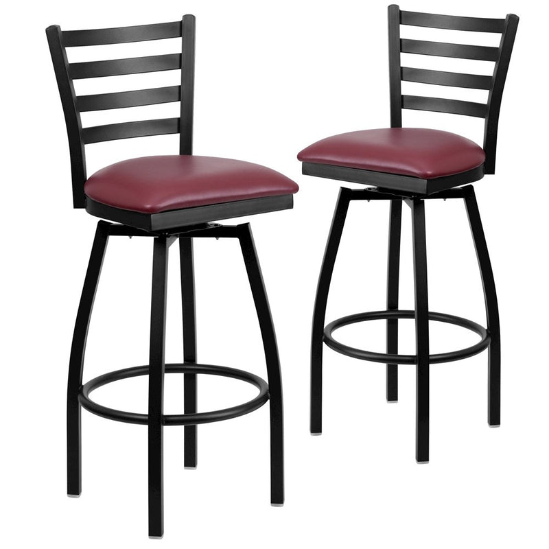 2 Pk. Black Ladder Back Swivel Metal Barstool - Burgundy Vinyl Seat