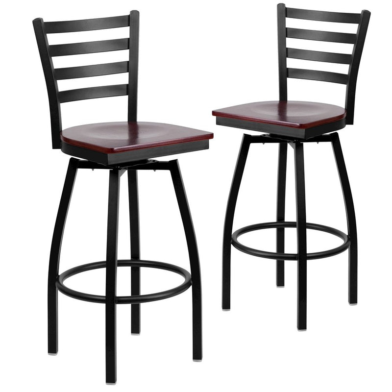 2 Pk. Black Ladder Back Swivel Metal Barstool - Mahogany Wood Seat