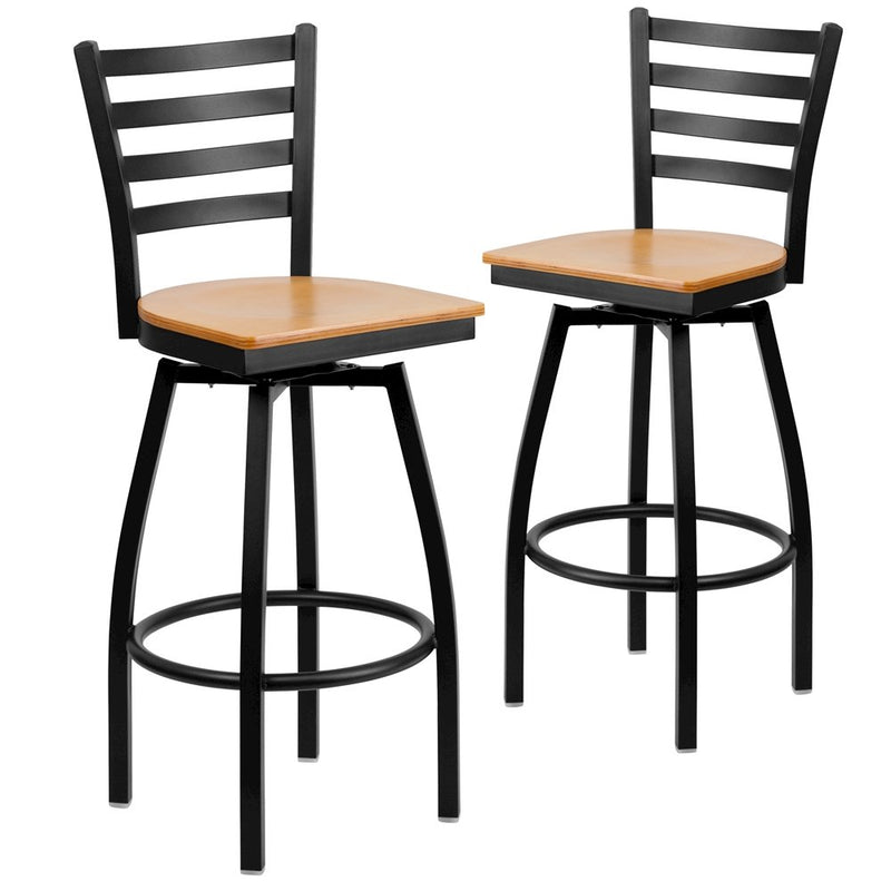 2 Pk. Black Ladder Back Swivel Metal Barstool - Natural Wood Seat