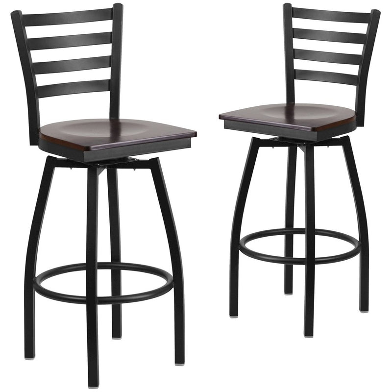 2 Pk. HERCULES Series Black Ladder Back Swivel Metal Barstool - Walnut Wood Seat