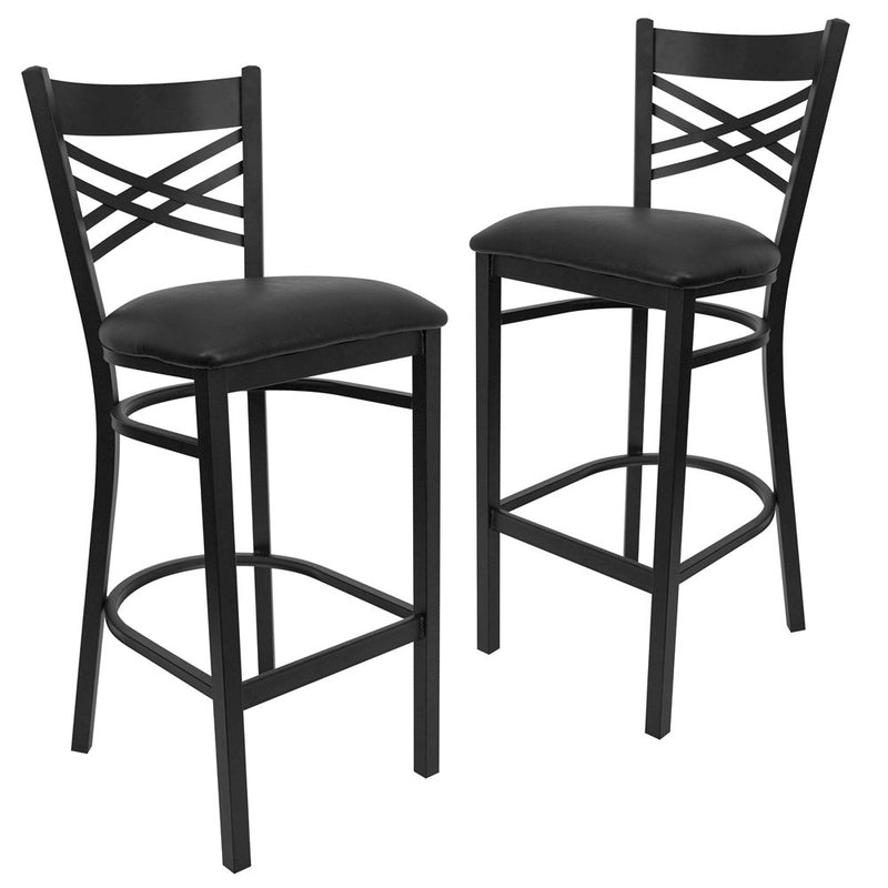 2 Pk. Black ''X'' Back Metal Restaurant Barstool - Black Vinyl Seat