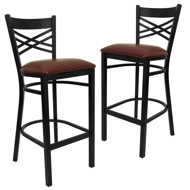 2 Pk. Black ''X'' Back Metal Restaurant Barstool - Burgundy Vinyl Seat