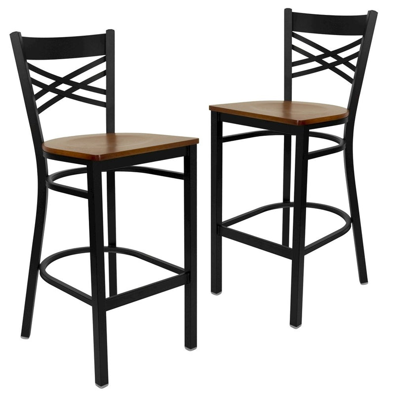 2 Pk. Black ''X'' Back Metal Restaurant Barstool - Cherry Wood Seat