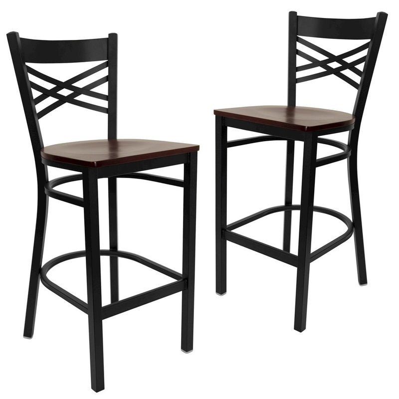 2 Pk. Black ''X'' Back Metal Restaurant Barstool - Mahogany Wood Seat