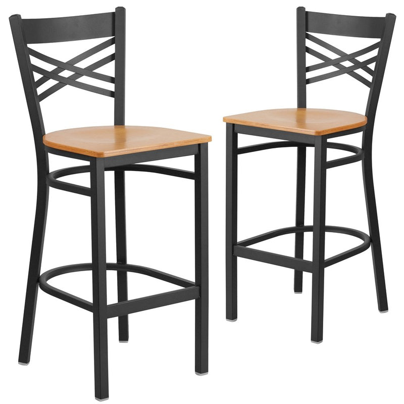 2 Pk. Black ''X'' Back Metal Restaurant Barstool - Natural Wood Seat