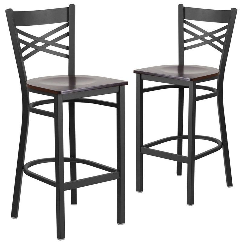 2 Pk. Black ''X'' Back Metal Restaurant Barstool - Walnut Wood Seat