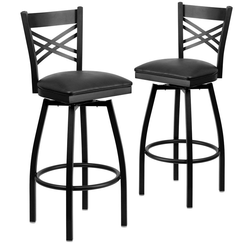 2 Pk. HERCULES Series Black ''X'' Back Swivel Metal Barstool - Black Vinyl Seat