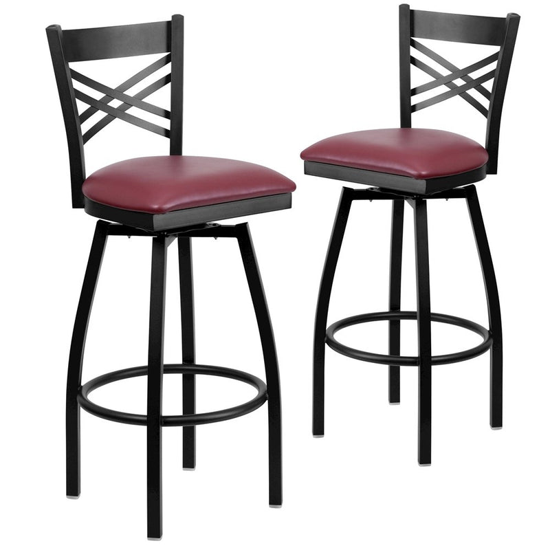 2 Pk. Black ''X'' Back Swivel Metal Barstool - Burgundy Vinyl Seat