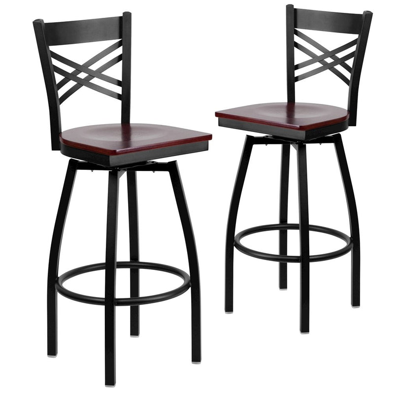 2 Pk. Black ''X'' Back Swivel Metal Barstool - Mahogany Wood Seat