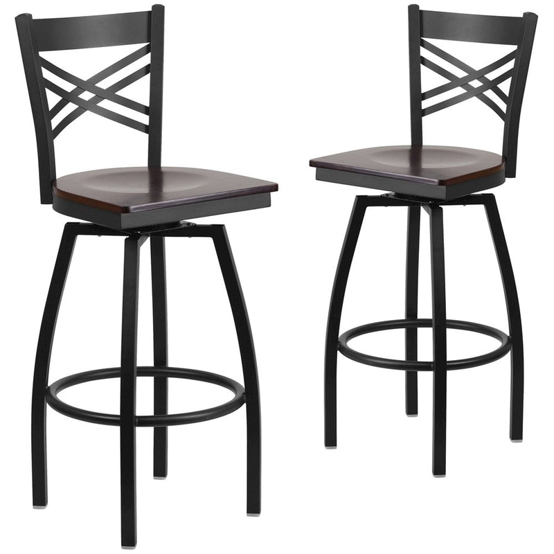 2 Pk. HERCULES Series Black ''X'' Back Swivel Metal Barstool - Walnut Wood Seat