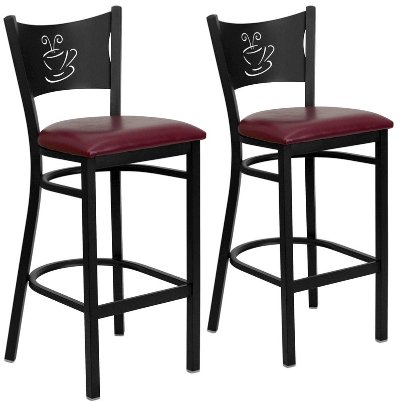 2 Pk. Black Coffee Back Metal Restaurant Barstool - Burgundy Vinyl Seat